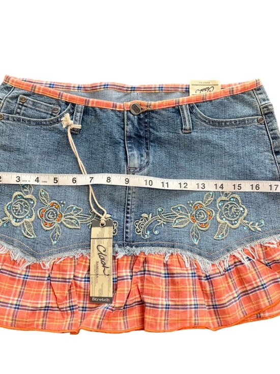 Clash Y2K Blue Denim & Orange Plaid Festival Floral Embroidered Preppy Skirt M - Picture 8 of 9